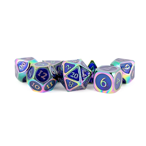 Rainbow with Blue Enamel - Polyhedral Metal 16mm - Rollespils Terning Sæt - Metallic Dice Games